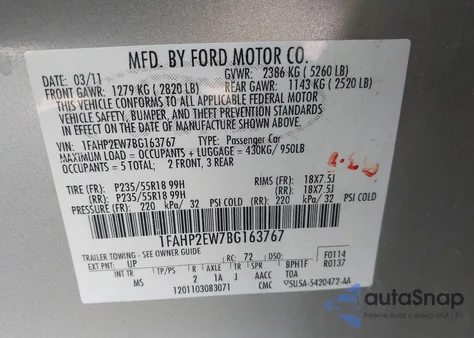 2011 Ford Taurus Sel из США, поврежденный, VIN 1FAHP2EW7BG163767